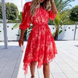 NWT Parisian RED CORAL FLORAL  3/4 SLEEVE DRESS Size: S